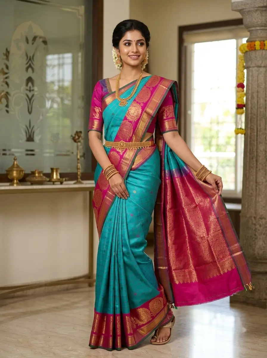 Turquoise Blue Kanjivaram Silk Saree with Magenta Border